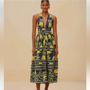 Farm Río Delicate Pineapple Navy Blue Midi Dress Sleeveless